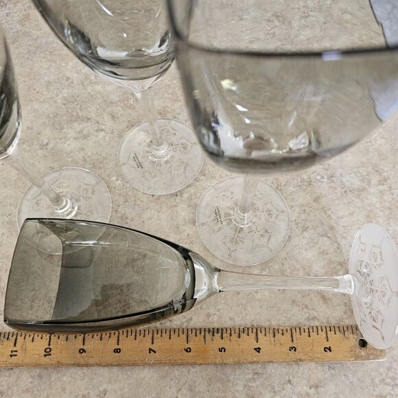 4 Retro Square Grey Wine Glasses 9.5" frosted etched base snowflake winter holid - Picture 7 of 13
